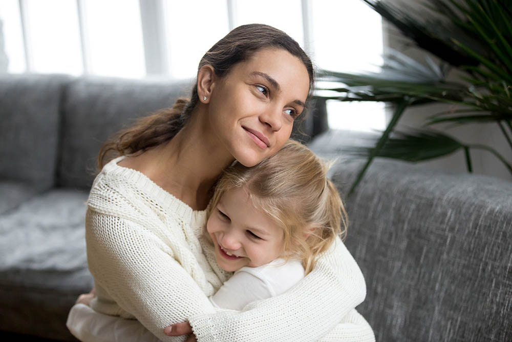 Loving Single Mother Hugging Cute Little Daughter Showing Love C